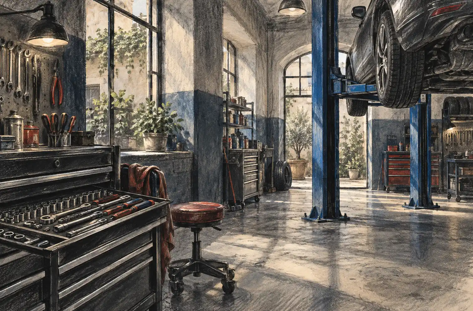 Illustration of auto repair shops and their working space